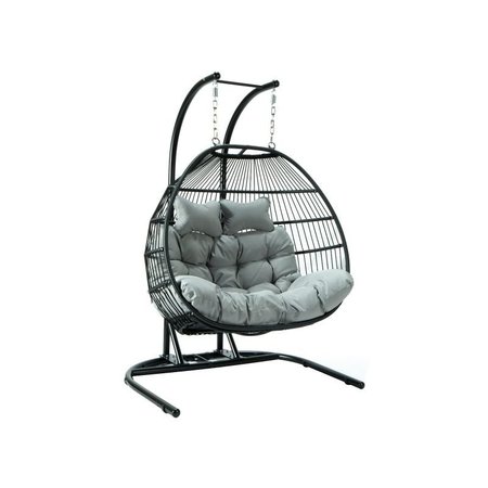 LEISUREMOD Wicker 2 Person Double Folding Hanging Egg Swing Chair with Light Grey Cushions ESCF52LGR